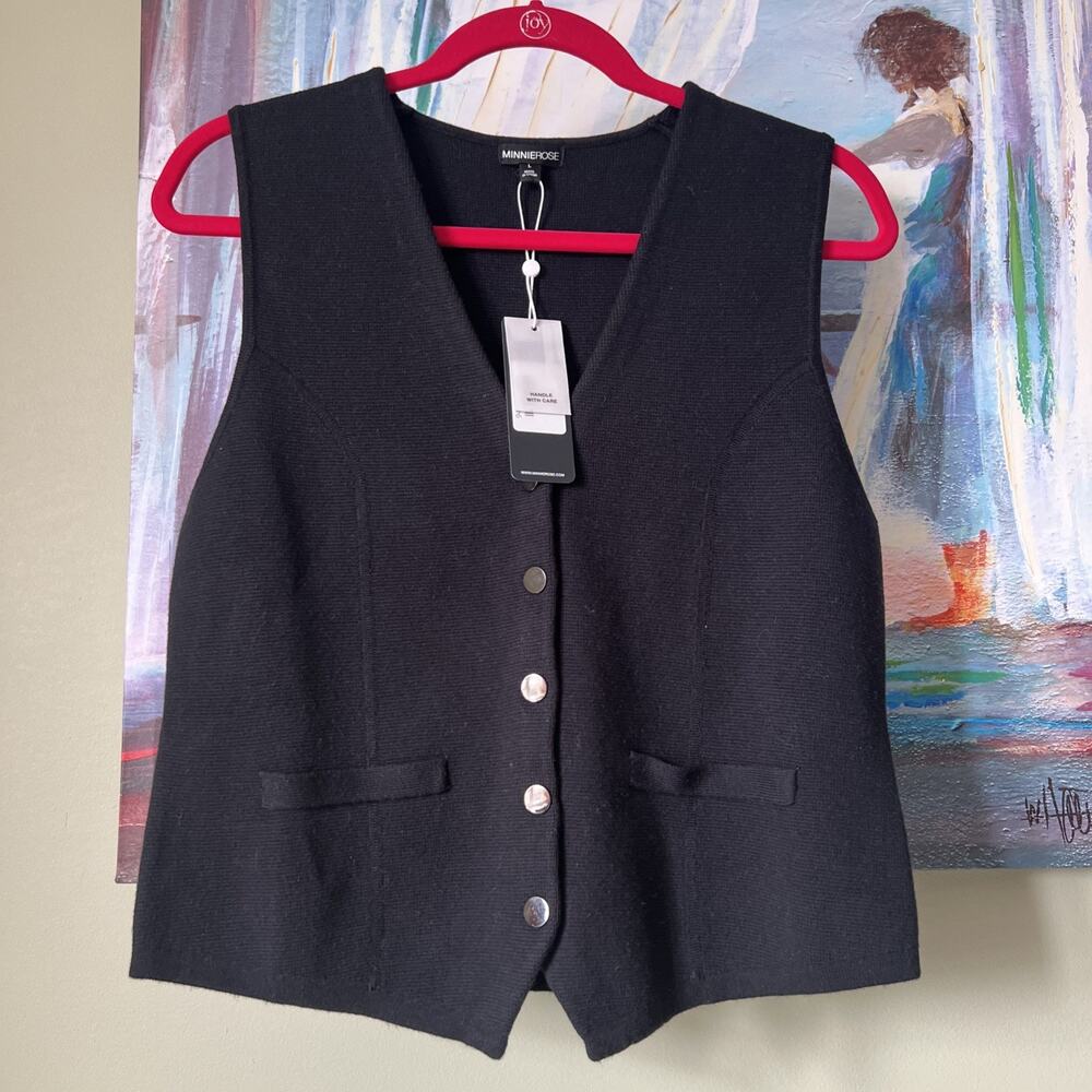 Minnie Rose Sz L Women's Black Vest Snaps Cotton Blend NWT $317
